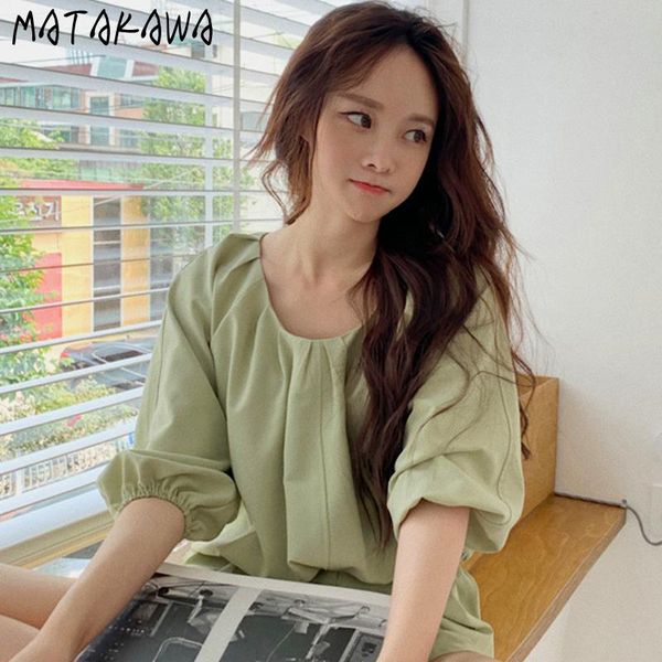 

women's blouses & shirts matakawa korean simple gentle o neck short puff sleeve blouse solid pleated loose casual pullover blusas, White