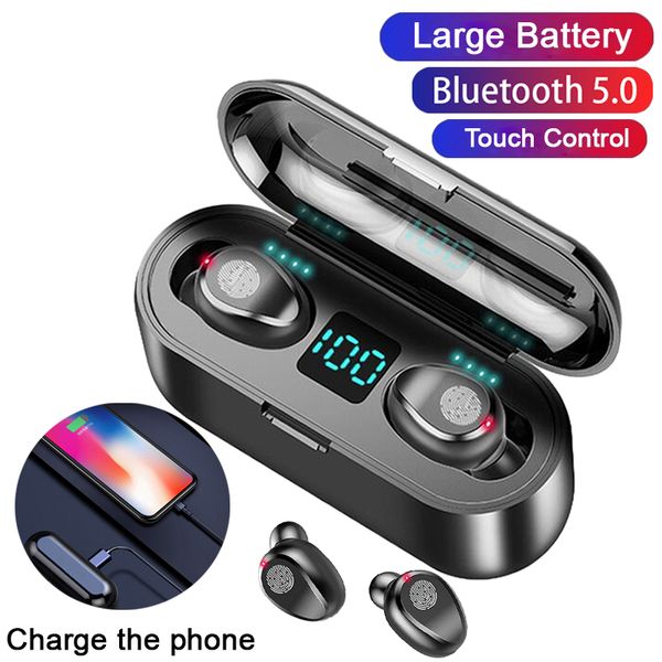

selling noise cancelling sports gaming headset bt5.0 wireless earphones with power bank led display f9 tws earbuds