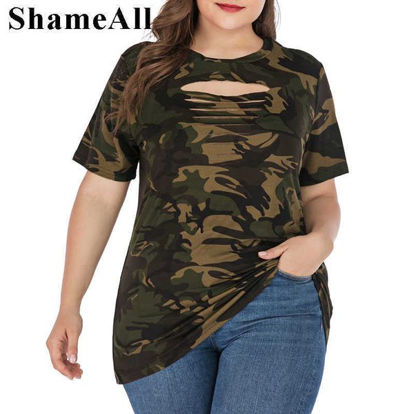 Plus size rasgado escorada de camuflagem impressão de camuflagem 3xl 4xl mulheres verão streetwear lace up short manga t-shirts tops x0628