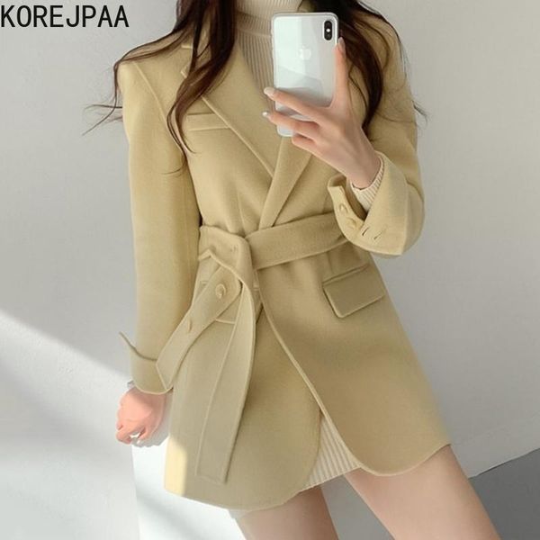 

women's wool & blends korejpaa women jackets 2021 early autumn korea elegant temperament ladies suit collar bandage waist long sleeve w, Black