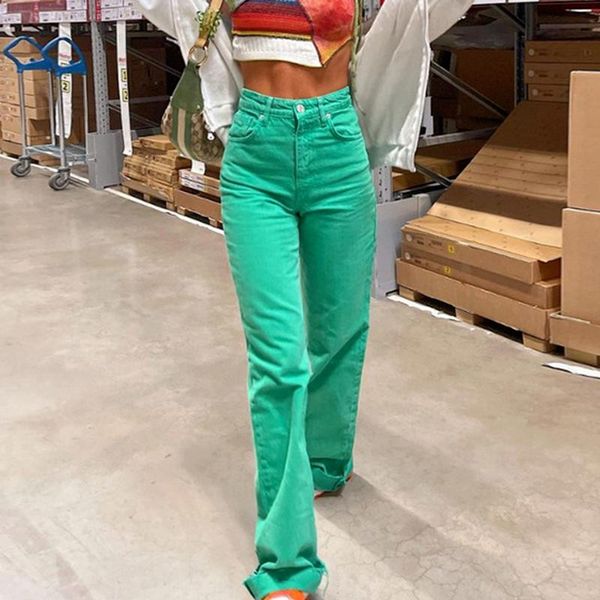 

women's jeans bornsra 2021 summer trend high-waist straight-leg slim-fit wide-leg casual jean full length women green, Blue