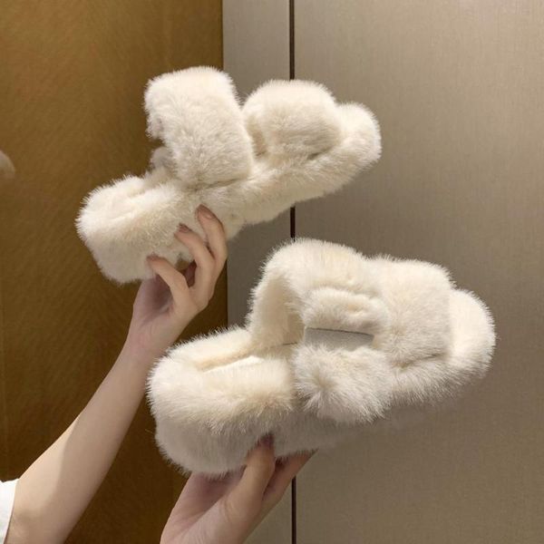 

type fashion parallel woollen shoes women slippers autumn winter thick soles wearing type-shaped belt buckle non-slip, Black