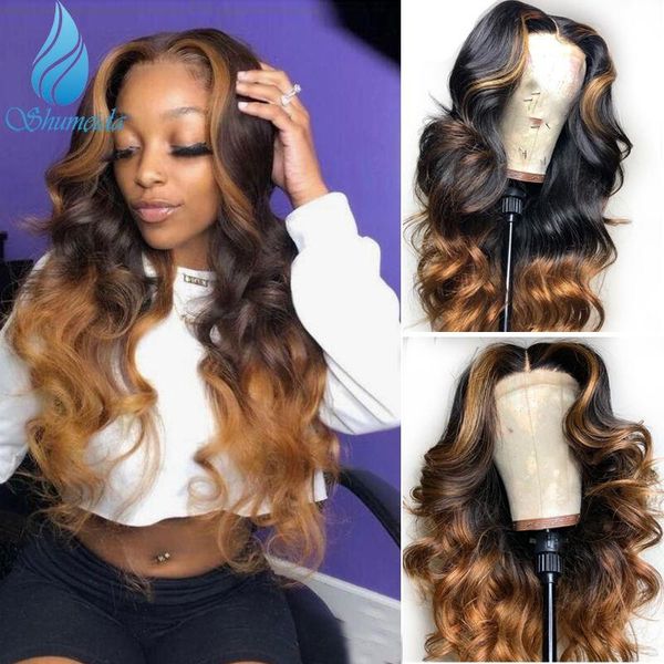 

lace wigs smd 13*4 ombre brown color human hair pre plucked hairline brazilian remy glueless front with baby, Black;brown