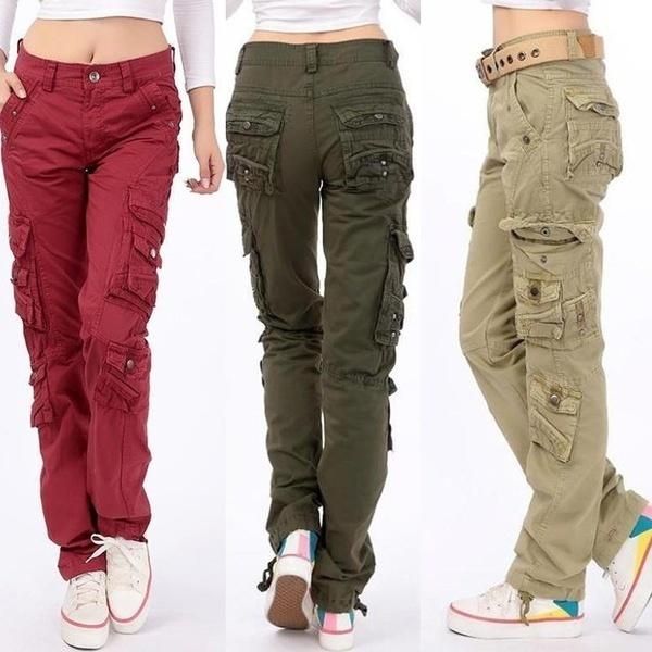 

women's pants & capris loose cotton army military style multi pocket trouser cargo women camouflage blue orange black red burgundy, Black;white
