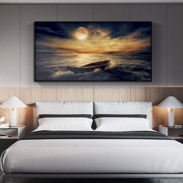 Sonnenuntergänge, natürlicher Vogel, Boot, Meereslandschaft, Poster und Drucke, Cuadros, Leinwandgemälde, Panorama, moderne Wandkunst, Bild für Wohnzimmer