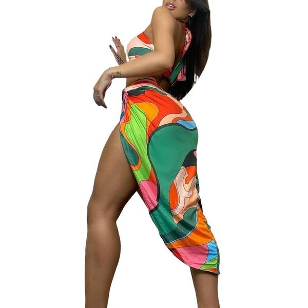 

women's swimwear 2021 2pcs women summer outfit, splicing color halter neck backless crop + ruffled slit skirt for girls, green, White;black