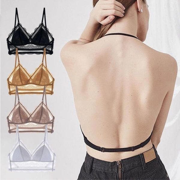 

bras lace big backless wireless bra triangle cup comfortable breathable beauty back underwear, Red;black