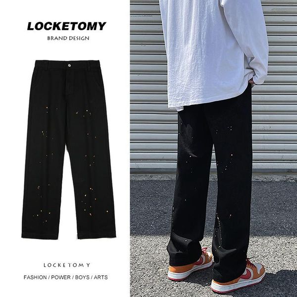 

men's jeans splash ink black men fashion retro wide-leg baggy streetwear loose hip-hop straight denim trousers mens s-2xl, Blue