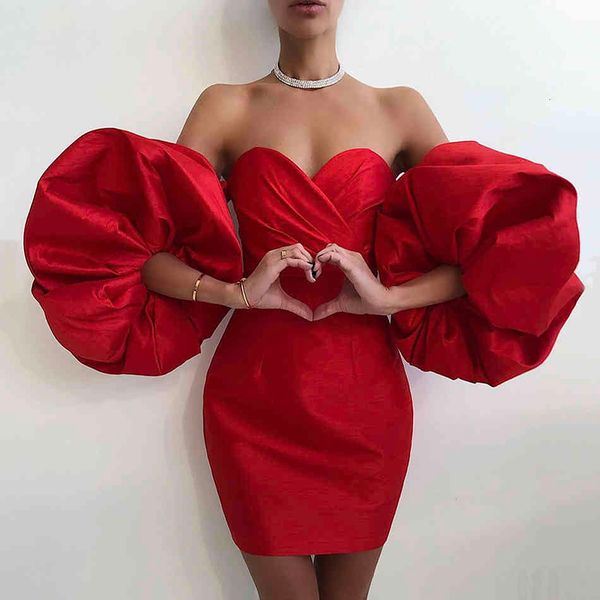 

casual dresses elegant pink female dress strapless puff sleeve high waist bodycon mini women evening party 2021 summer fashio, Black;gray