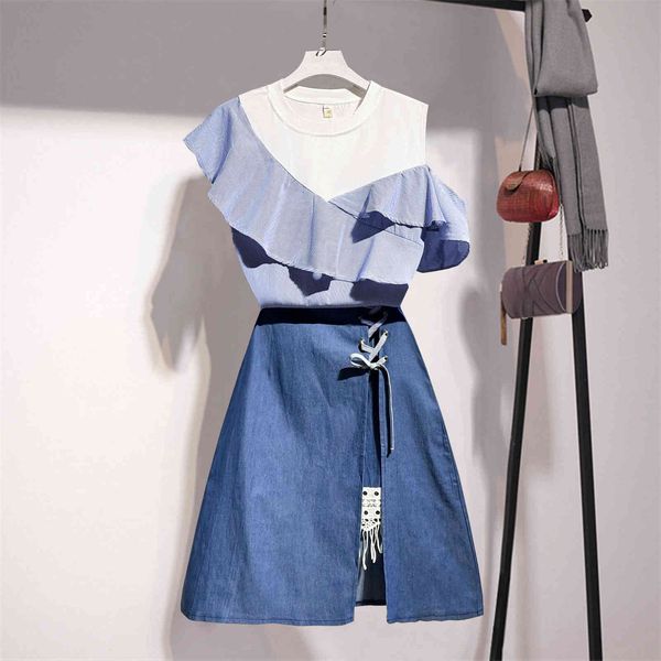 

two piece dress women's suit summer style leaky shoulder ruffled denim half-length skirt fashion two-piece western kerl, White