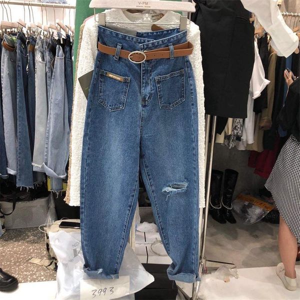 

women's jeans guuzyuviz high waist mom harem 5xl plus size pants cotton denim autumn winter casual hold vintage ripped pantalon femme, Blue