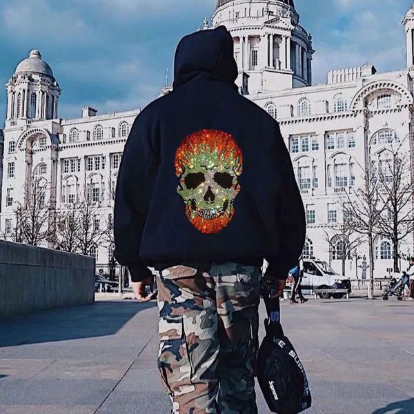 

men's hoodies & sweatshirts fall/winter solid color hooded hoodie keep warm comfortable plus size shiny diamond design loose pullover, Black