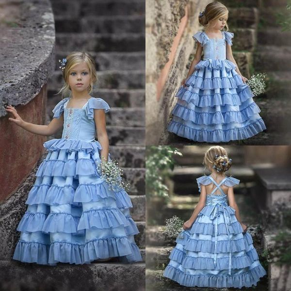 

girl's dresses 2021 blue flower girl lace appliqued ribbon sleeveless floor length pageant dress custom made first communion gowns, Red;yellow