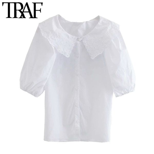 

traf women fashion with embroidery collar poplin blouses vintage puff sleeve button-up female shirts blusas chic 210415, White