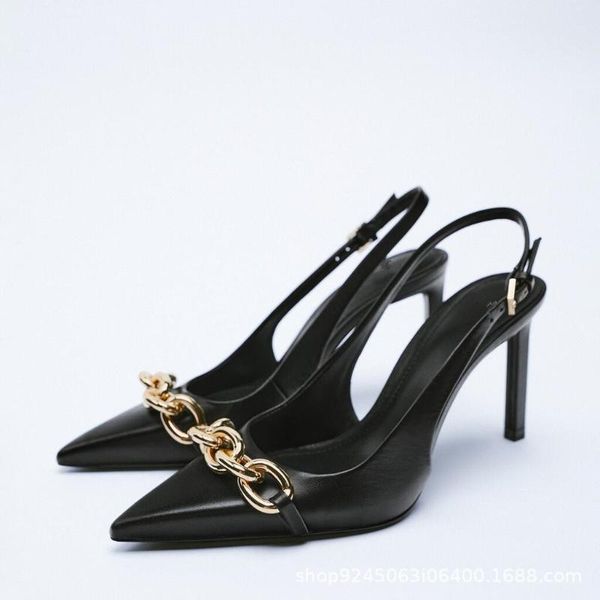

sandals autumn 2021 women's shoes black chain decoration slingback leather temperament high heels pointed toe stiletto