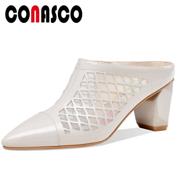 

women sandals concise fashion mules slippers summer genuine leather mesh fretwork pumps casual high heels shoes woman, Black