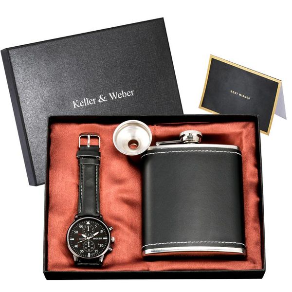 

wristwatches combo gift set quartz watches stainless steel hip flask with pu leather casual funnel husband dad, Slivery;brown