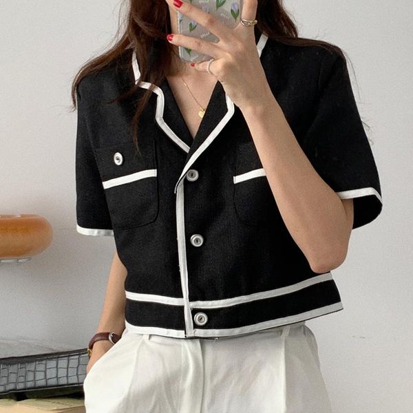

women's suits & blazers korean chic summer french retro lapel contrast color three-button loose pocket short-sleeved suit jacket, White;black