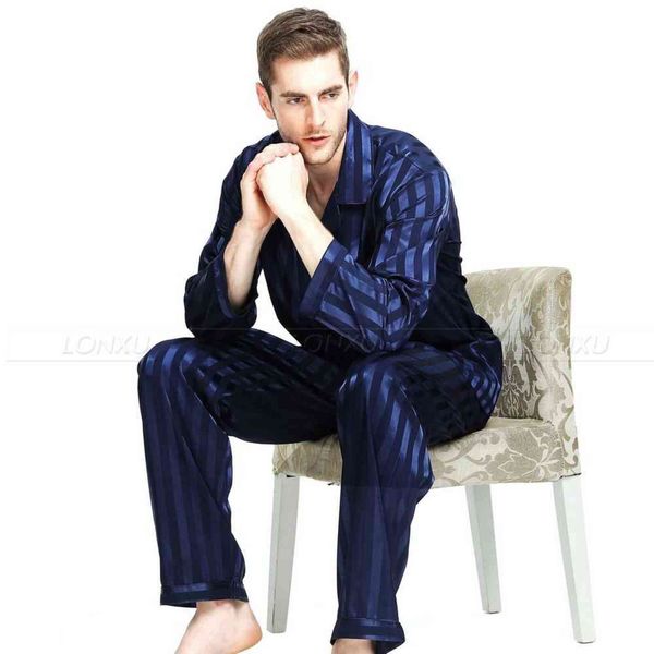 Мужская Silk Satin Pajamas Set Pajama Pajamas Set Setwears Set Loungewear S, M, L, XL, 2XL, 3XL, 4XL Plus Striped Black 2111111