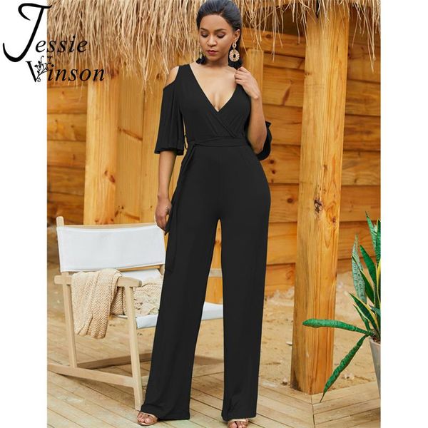

women's jumpsuits & rompers jessie vinson short sleeve v-neck cold shoulder wide leg jumpsuit women black long pants womens summer sexy, Black;white