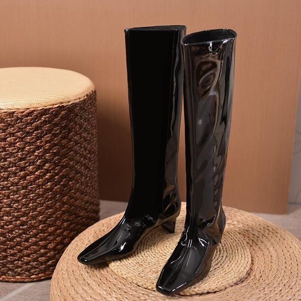 

boots med heel female shoes boots-women mid calf ladies over-the-knee rubber elegant leather high 2021 square toe pu mid-c, Black