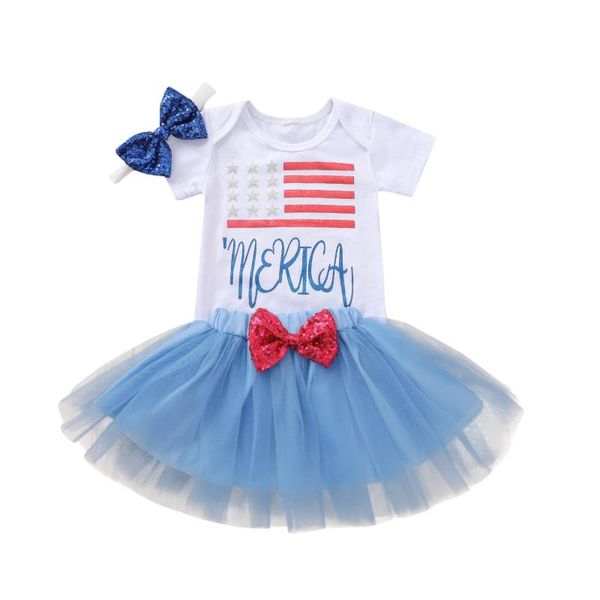 

infant's three piece set, baby girls us flag independence day romper mesh skirt bow hair band for born clothing sets, White