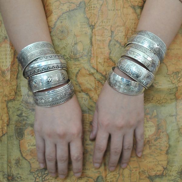 

vintage cuff bracelet tibetan silver carved flower geometric animal opening bangle adjustable indian jewelry women gifts, Golden;silver