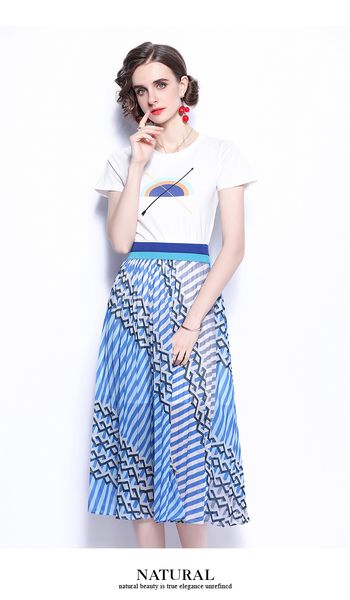 

two piece dress fashion slim-fit printed t-shirt lightly mature temperament skirt lace jacket casual suit, White