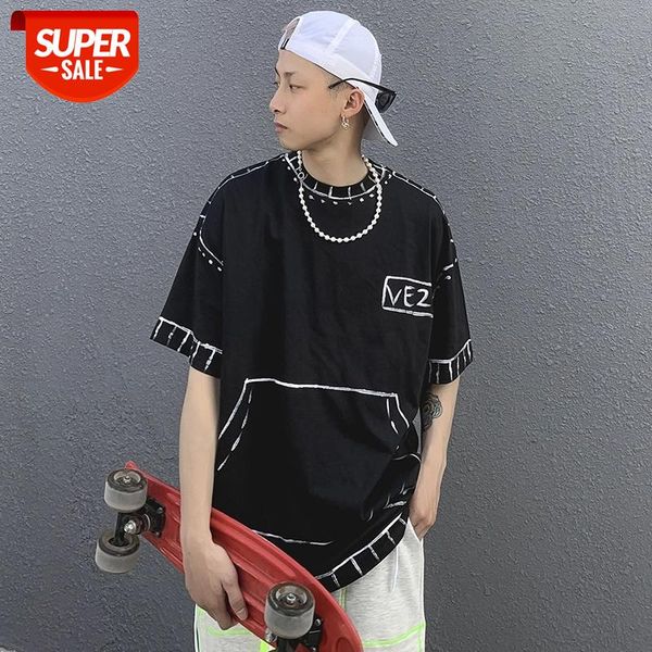 

high street hand painted letter print short sleeve tshirts mens o neck oversize cotton summer t shirt loose hip tees #5q7k, White;black
