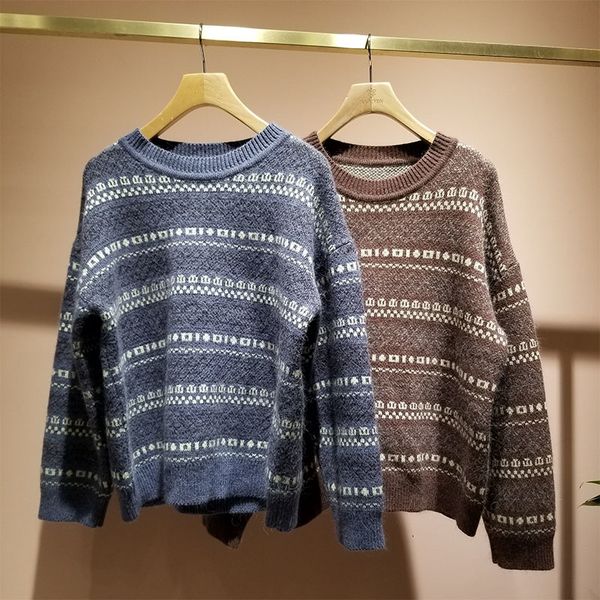 

women's retro elegant round neck long-sleeved pullover jacquard knitted sweater autumn and winter 210521, White;black