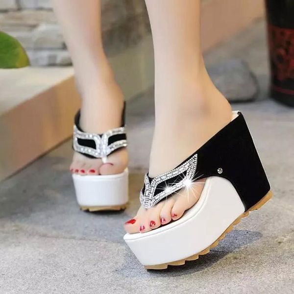 

womans slip on sandals flip flops high heels slippers summer sliders thick bottom platform shoes fashion femme, Black