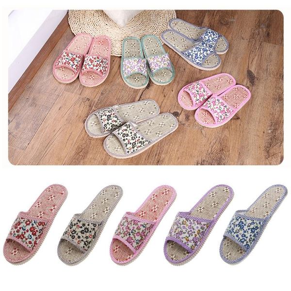 

women/men linen floral home indoor slipper open toe flax house flat slippers, Black