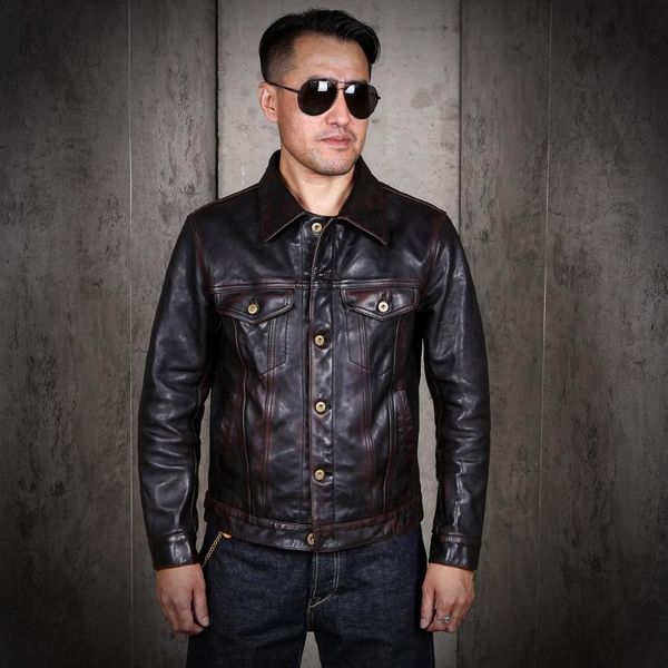 

men's leather & faux 2021 vintage brown japan casual style genuine jacket men plus size 3xl real natural horsehide slim fit short autum, Black
