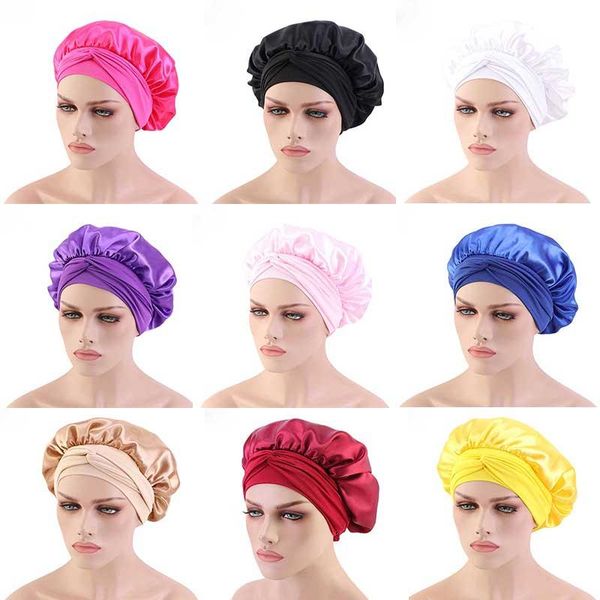 

caps & hats solid satin bonnet with wide stretch ties long hair care women night sleep hat adjust styling cap silk head wrap shower, Yellow