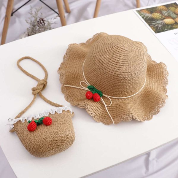 

children's cherry lace straw princess girl's sun beach hat bag, Yellow