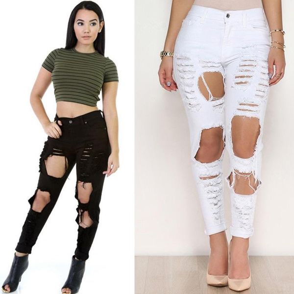 

women's jeans qa927 high waist women tight pocket vintage tear pencil pants hole black slim ripped big size, Blue
