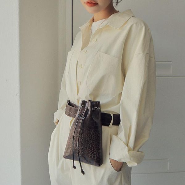 

pin buckle belt with crocodile drawstring bucket pockets decorative waist bags
