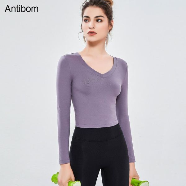 

yoga outfit antibom women's t-shirts sport crop fitness gym clothing v-neck long sleeve slim shirt jogging breathable athletic wear