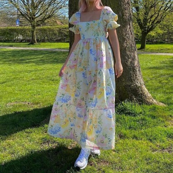 

party dresses pirate hippie vintage floral print backless dress lady square collar puff sleeve maxi side split boho vestido 2021, White;black