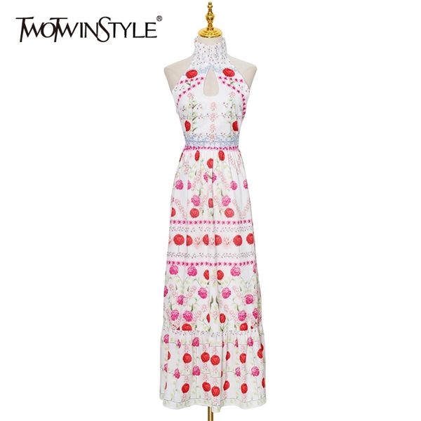 

print hollow out dress for women stand collar sleeveless high waist hit color maxi dresses female summer style 210520, Black;gray