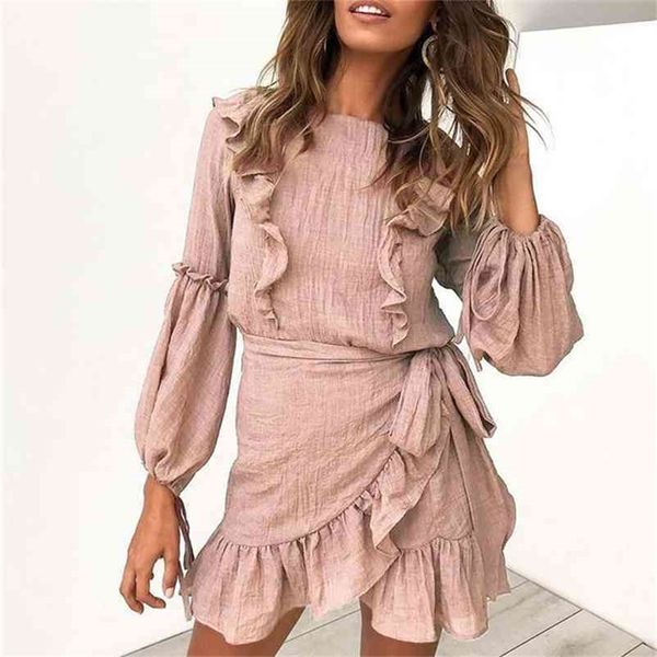

foridol solid ruffle dress autumn winter women party mini dress o neck boho pink dress female 210415, Black;gray