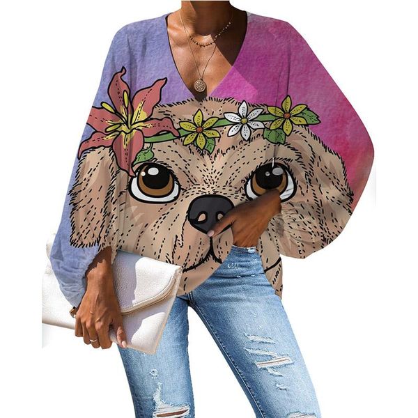 

women's blouses & shirts noisydesigns 2021 fashion summer long-sleeve women v-neck animals printing loose plus size ladies blusas, White