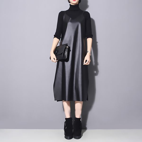 

2021eam 2021 new spring summer strapless sleeveless black pu leather loose brief dress women fashion tide all-match jo287, Black;gray