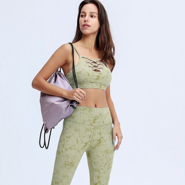 

zechuang new gathered shockproof bra pants nude tie dye yoga sports suit fitness suit, Gray