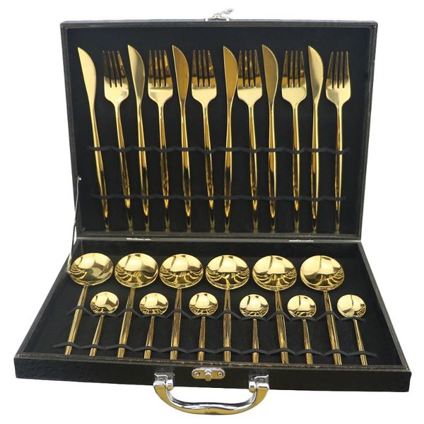 

dinnerware sets 24pcs luxury shiny gold rainbow cutlery set 304 stainless steel knife fork spoon with box for el tableware