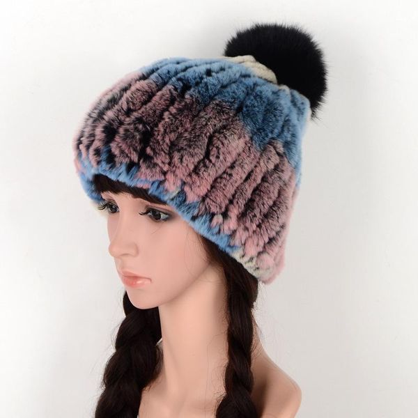 

beanie/skull caps female real rex fur skullies hats ladies winter craft knitting bonnet cap outdoor sport cycling warm thicken women, Blue;gray