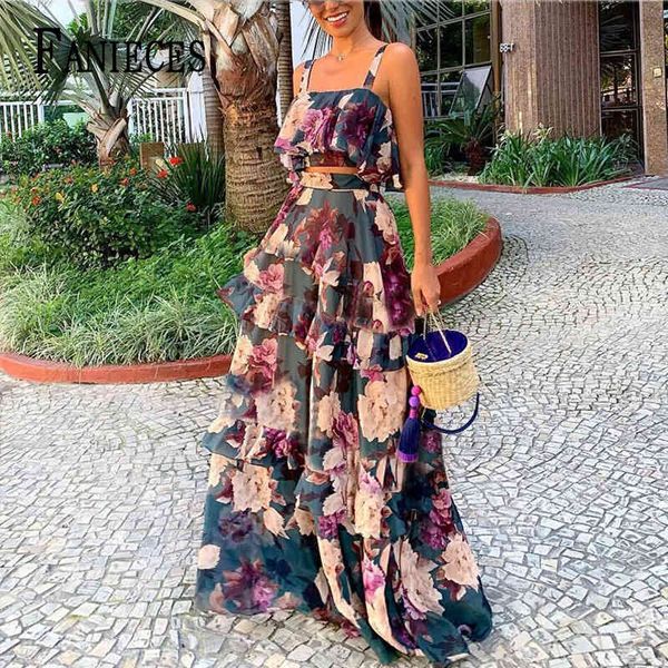 Sommer Frauen Blumen Druck 2 Stück Sets Vintage Crop Tops Maxi Bodenlangen Röcke Anzug Zwei Set Outfits Sommerkleid 210520