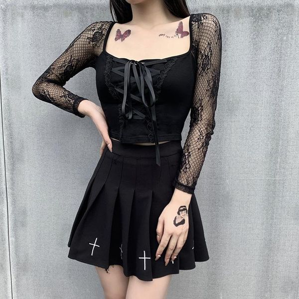 

women's t-shirt black women lace goth t shirt 2021 autumn lady basic eyelet lace-up bust square collar patchwork short-length, White