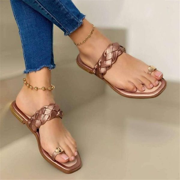 

summer trend women slippers weaving ringe toe flat heel outdoor rubber sole non slip beach fashion sandals ladies shoes female, Black