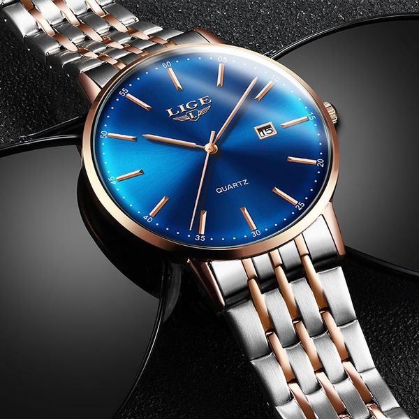 

wristwatches lige mens watches luxury quartz watch men sport waterproof for man all steel slim green dial date clock relogio masculino, Slivery;brown